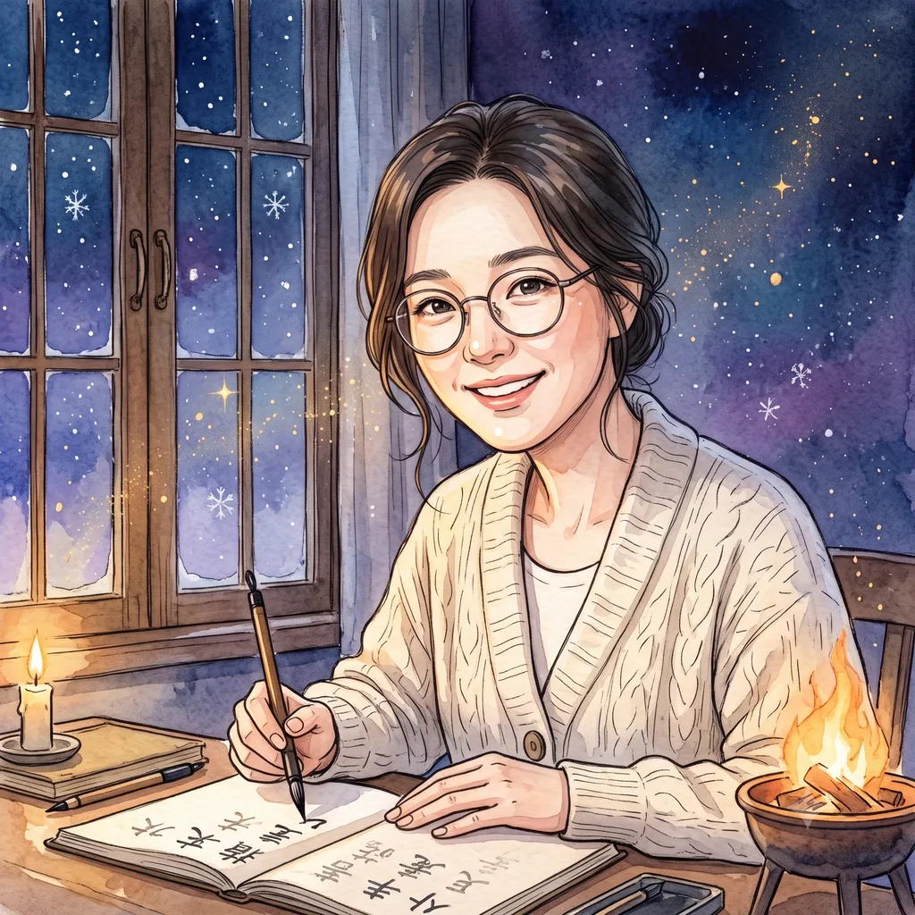 눈 내리는 겨울밤, 창가 책상에서 붓펜으로 한자를 따라 쓰며 웃는 지혜